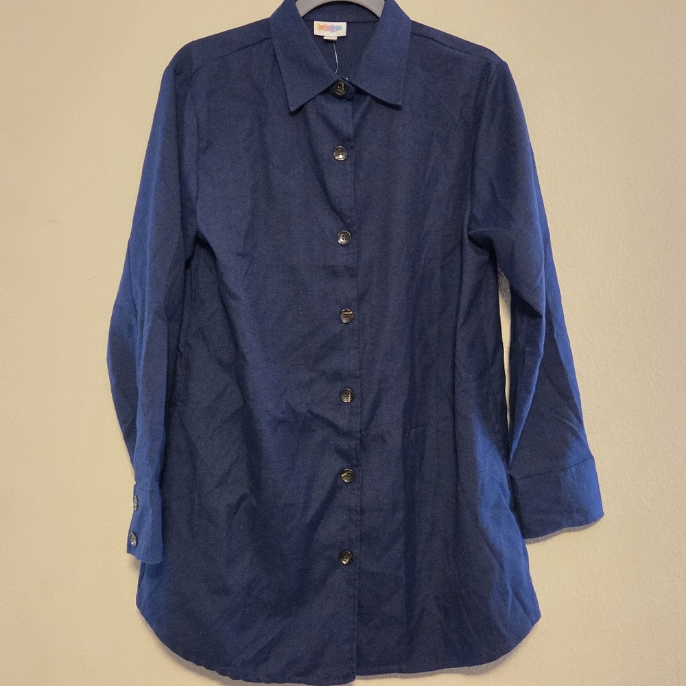 LuLaRoe Women’s Tunic Shirt Navy Blue Button Front Long Sleeve M NWT